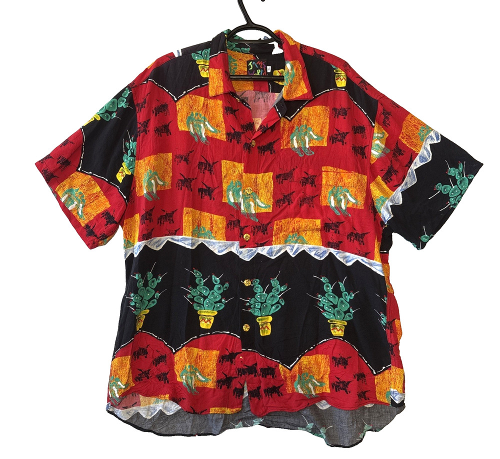 Jams World Mens Short Sleeve Shirt Size XL Cactus Bull Chili Print Red Black